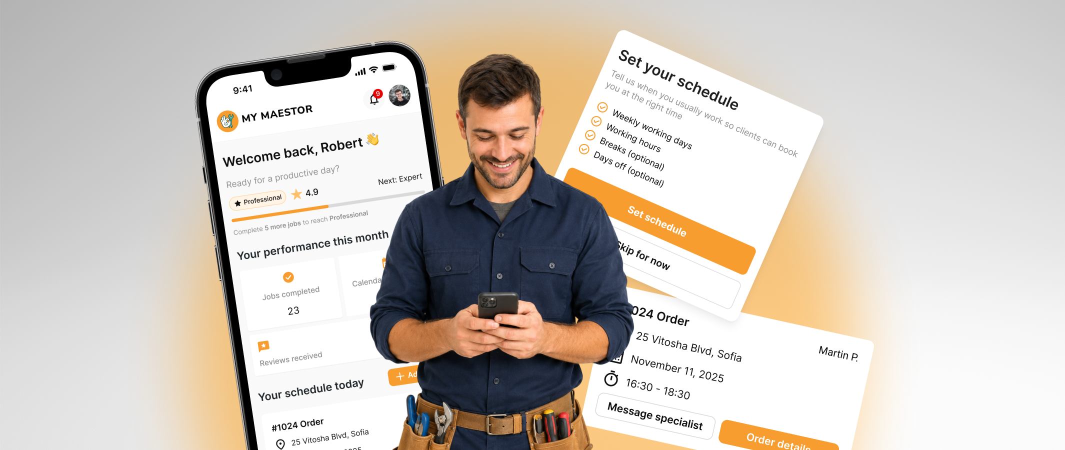Robert, a service professional, checking his job schedule in My Maestor app